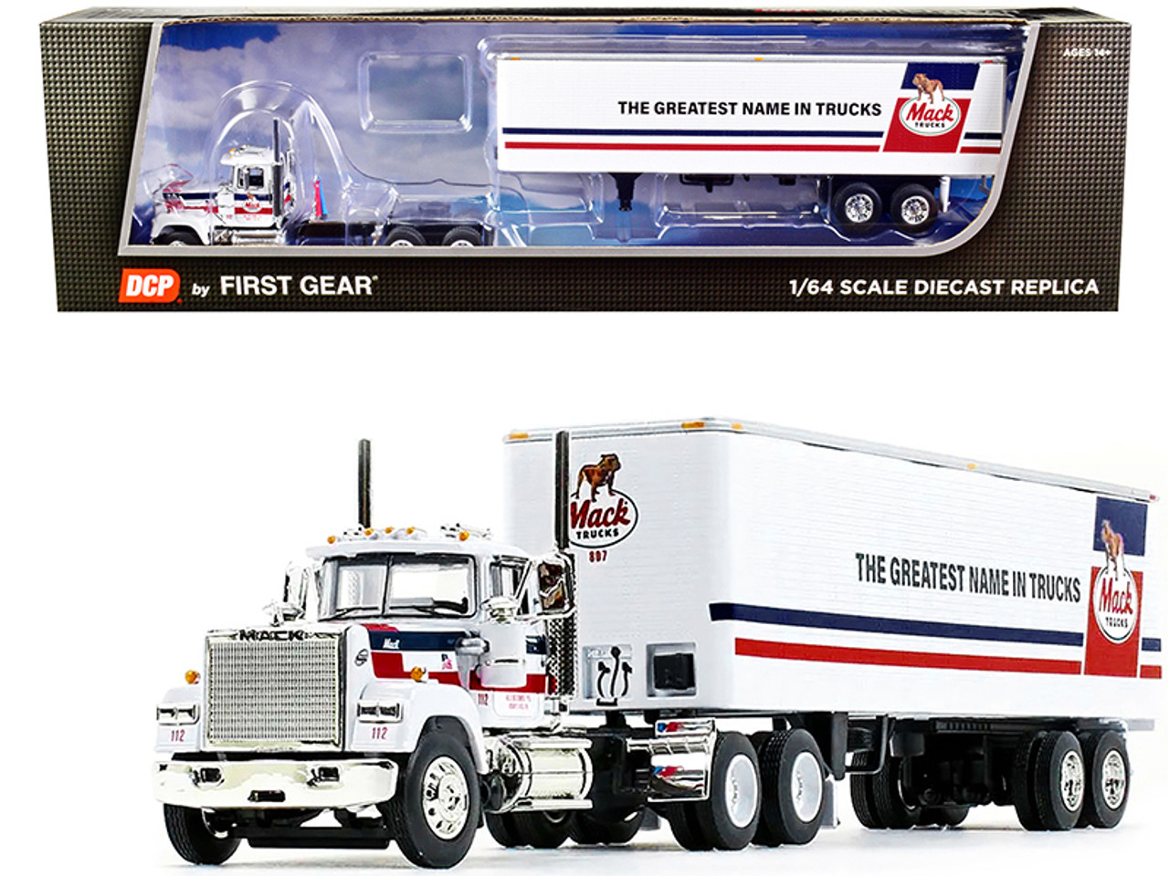 Mack Super-Liner Day Cab and 40' Vintage Trailer White with Stripes "The Greatest Name in Trucks" 1/64 Diecast Model by DCP/First Gear