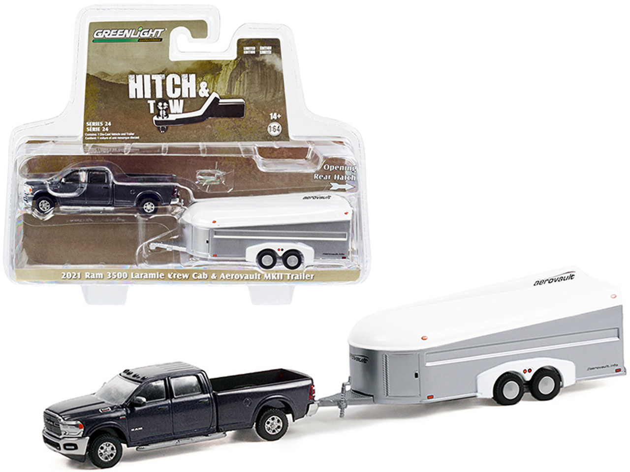 2021 Dodge Ram 3500 Laramie Crew Cab Pickup Truck Maximum Steel Blue Metallic with Aerovault MKII Travel Trailer "Hitch & Tow" Series 24 1/64 Diecast Model Car by Greenlight