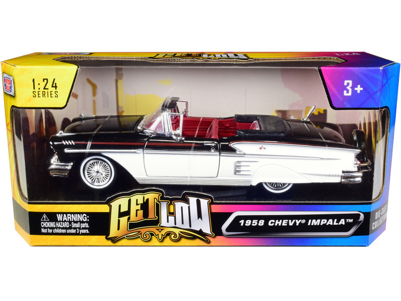 1/24 Motormax 1958 Chevrolet Impala Convertible Lowrider Black and White with Red Interior "Get Low" Series Diecast Car Model