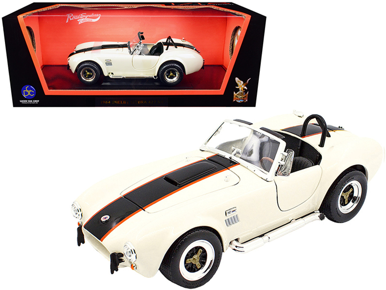 1964 Ford Mustang Shelby Cobra 427 S/C Roadster Cream with Black and Orange Stripes 1/18 Diecast Model Car by Road Signature