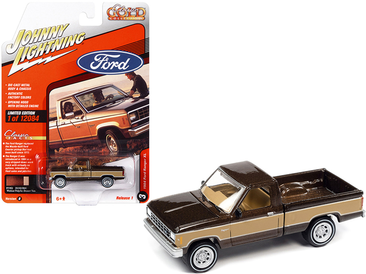 1984 Ford Ranger XL Pickup Truck Walnut Brown Metallic with Desert Tan Sides "Classic Gold Collection" Series Limited Edition to 12084 pieces Worldwide 1/64 Diecast Model Car by Johnny Lightning