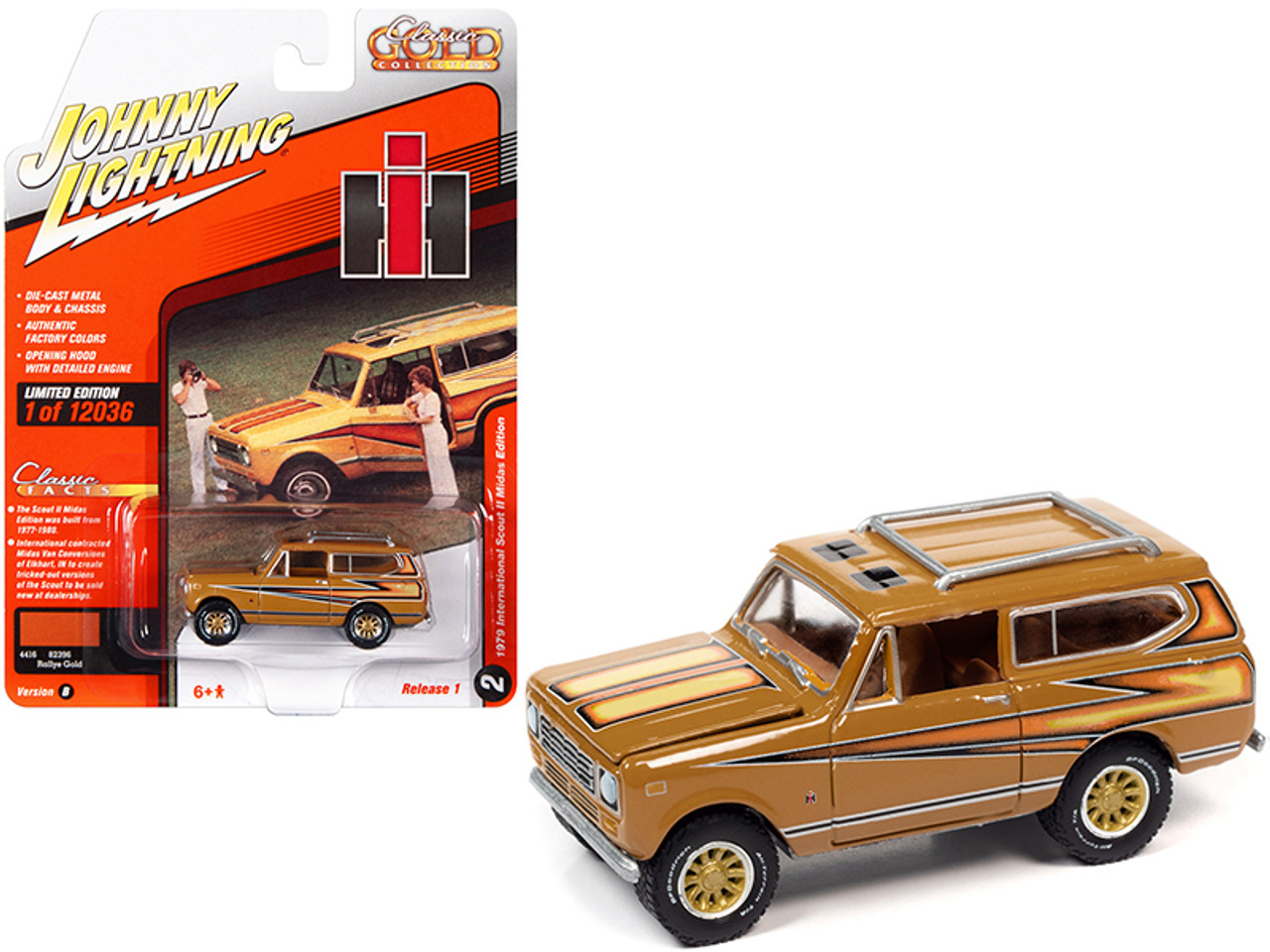 1979 International Scout II Midas Edition Rallye Gold with Graphics "Classic Gold Collection" Series Limited Edition to 12036 pieces Worldwide 1/64 Diecast Model Car by Johnny Lightning