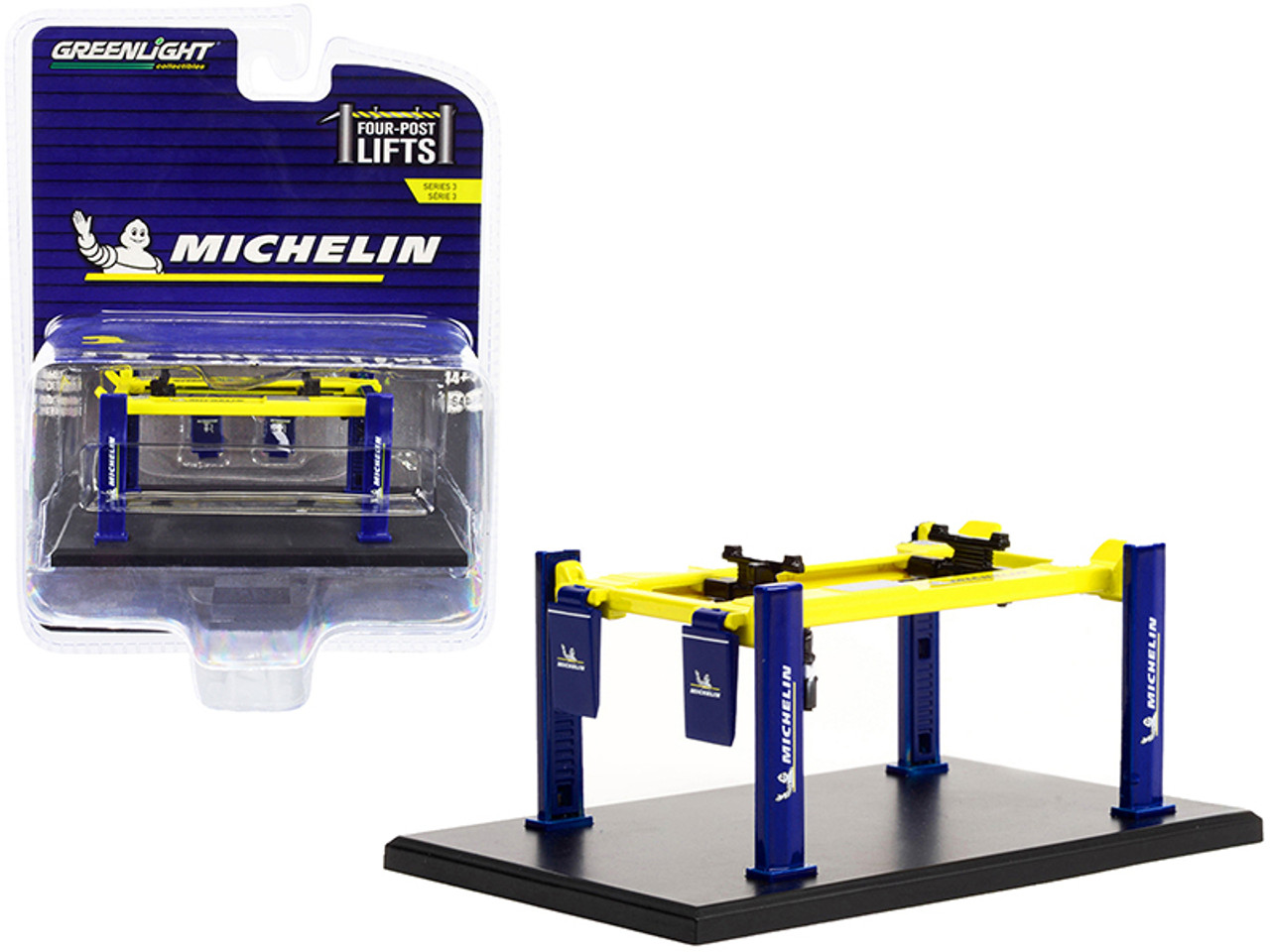 Adjustable Four-Post Lift "Michelin" Blue and Bright Yellow "Four-Post Lifts" Series 3 1/64 Diecast Model by Greenlight