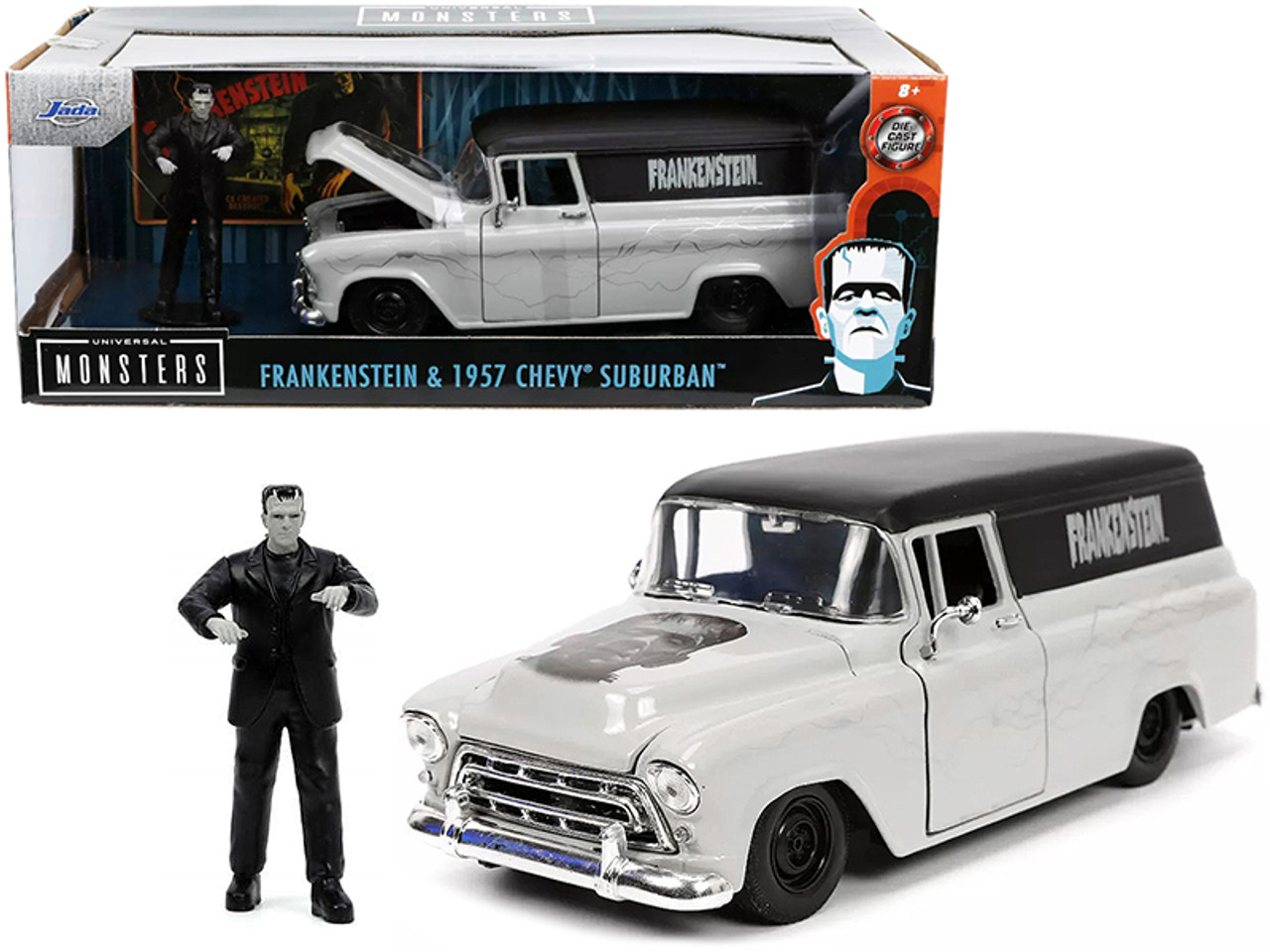 1957 Chevrolet Suburban Gray and Black with Graphics and Frankenstein Diecast Figurine "Universal Monsters" "Hollywood Rides" Series 1/24 Diecast Model Car by Jada