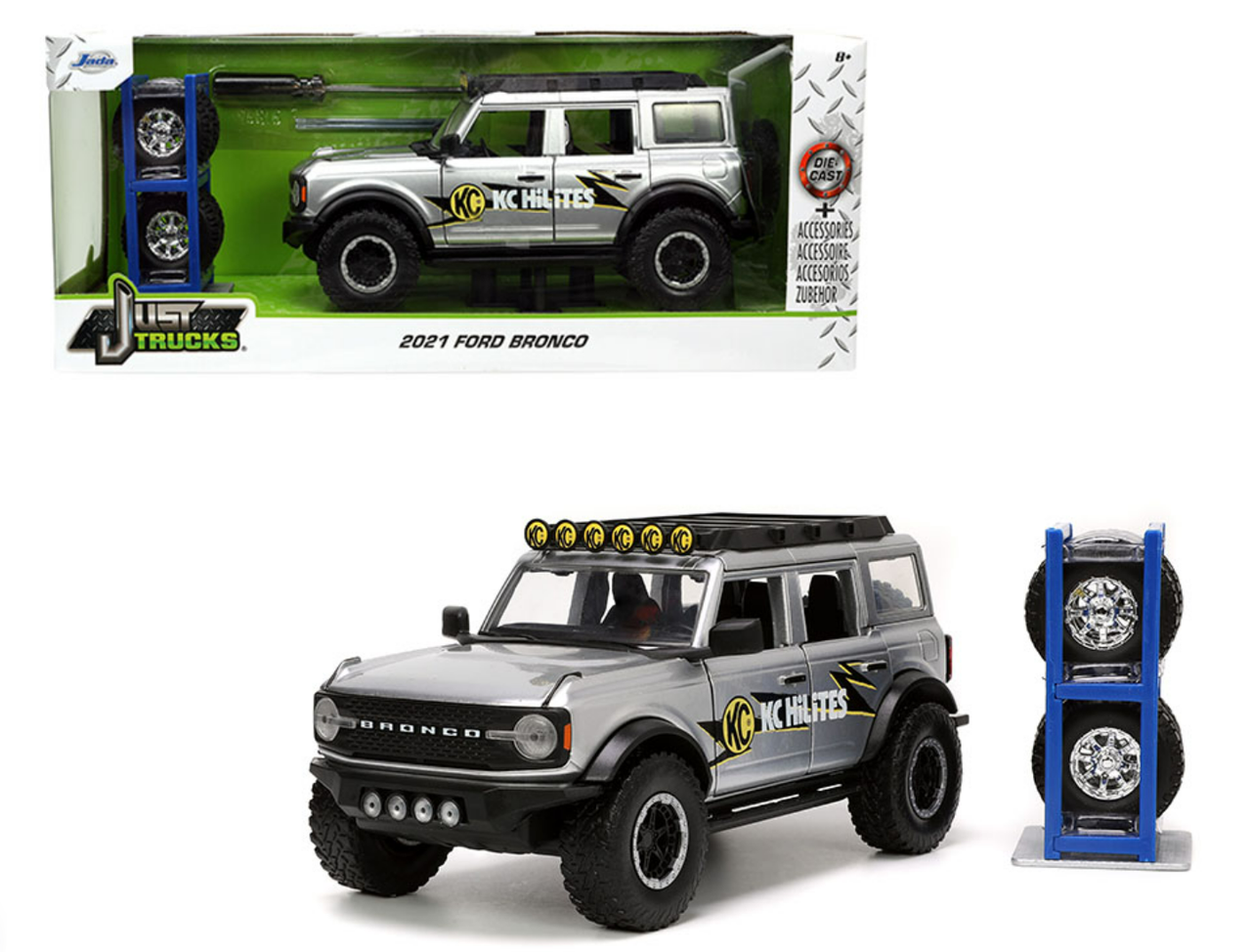 1/24 Jada 2021 Ford Bronco KC HiLiTES (Silver) with Extra Set of Wheels Diecast Car Model