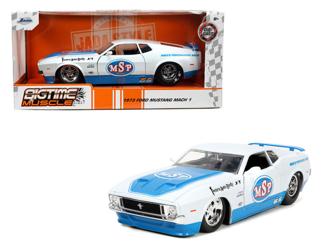 1/24 Jada 1973 Ford Mustang Mach 1 (White with blue) Mike’s Performance Shop Livery Diecast Car Model
