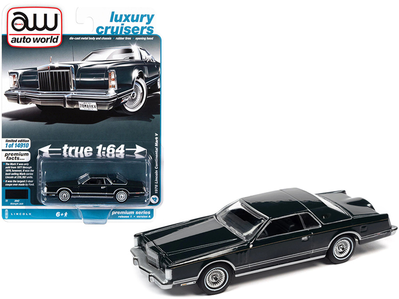 1978 Lincoln Continental Mark V Midnight Jade Green with Rear Section of Roof Matt Green "Luxury Cruisers" Limited Edition to 14910 pieces Worldwide 1/64 Diecast Model Car by Auto World