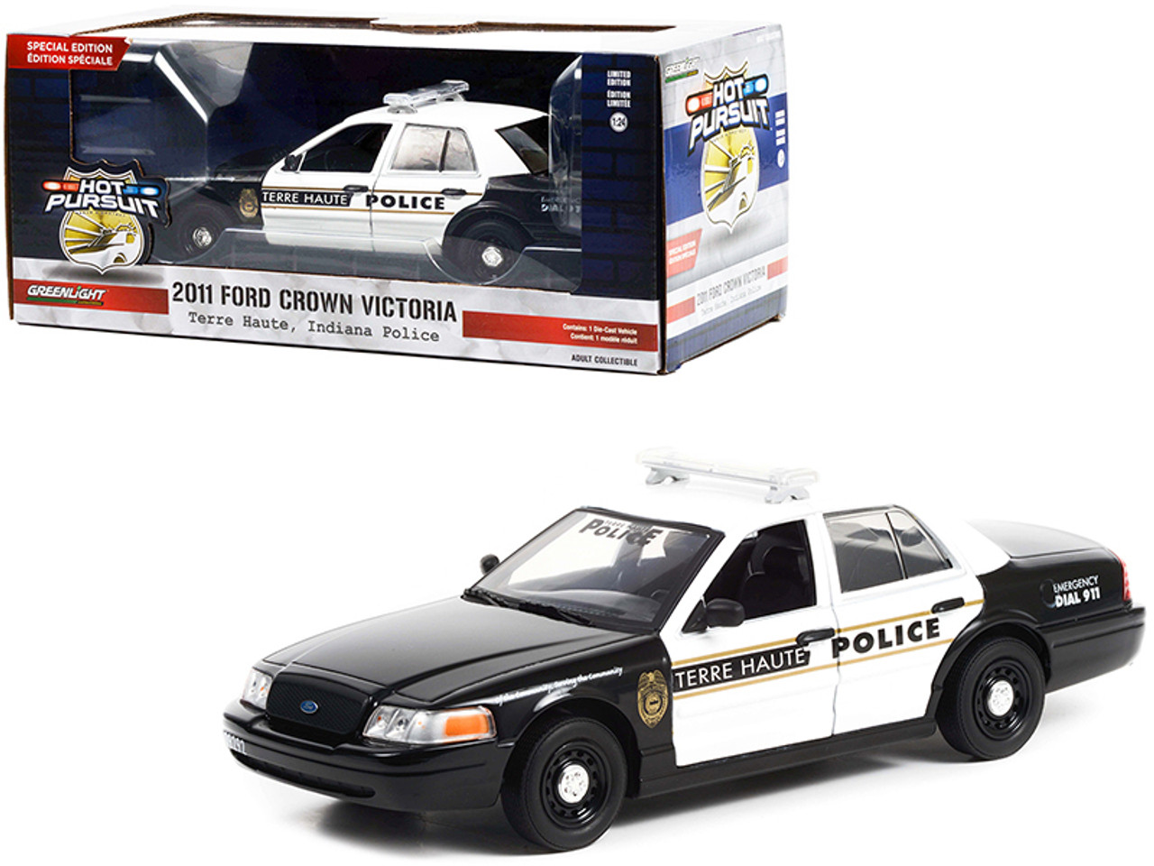 2011 Ford Crown Victoria Police Interceptor Black and White "Terre Haute Police" (Indiana) "Hot Pursuit Special Edition" 1/24 Diecast Model Car by Greenlight
