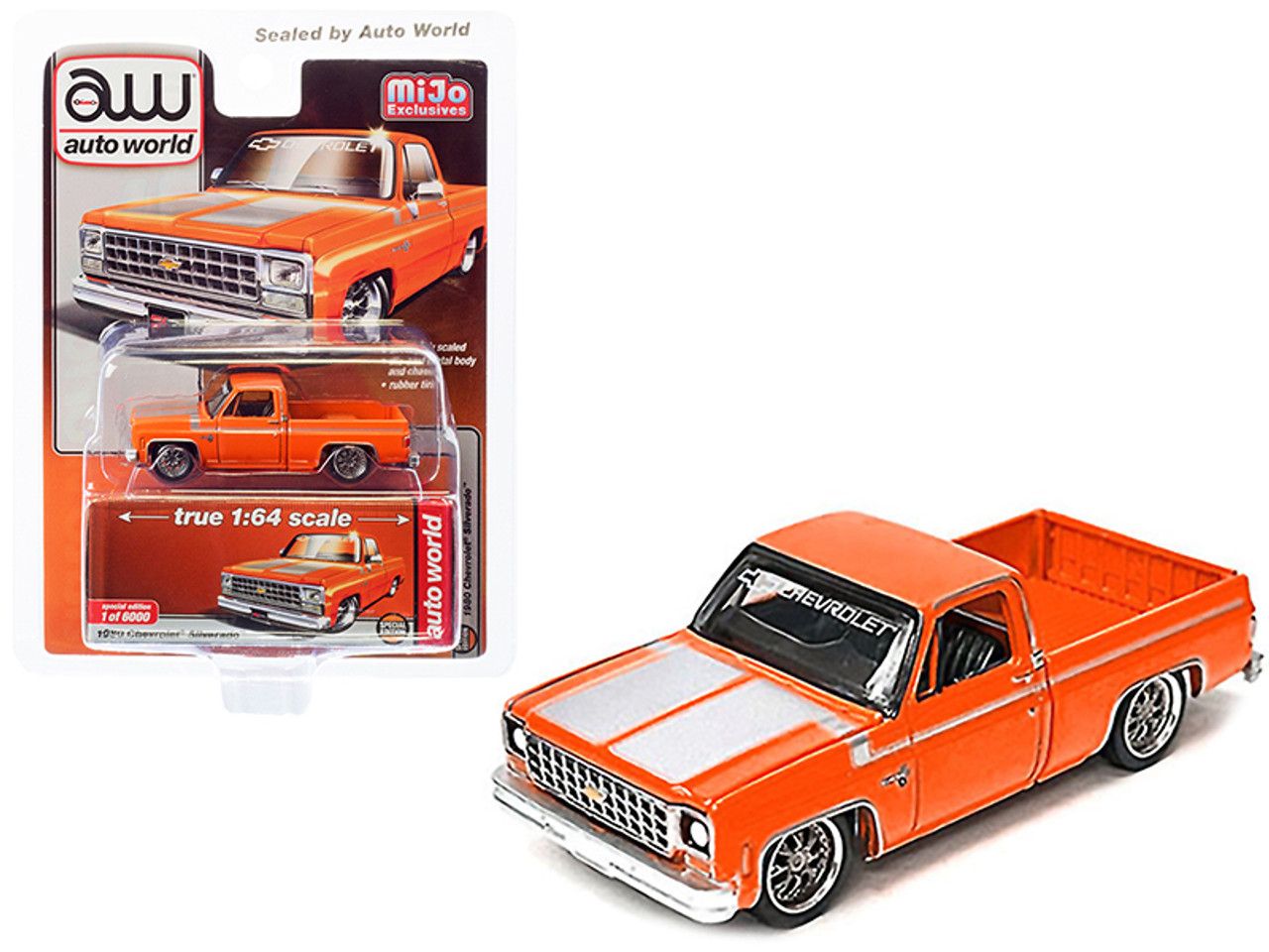 1980 Chevrolet Silverado Pickup Truck Orange Metallic with Silver Stripes  Limited Edition to 6000 pieces Worldwide 1/64 Diecast Model Car by Auto