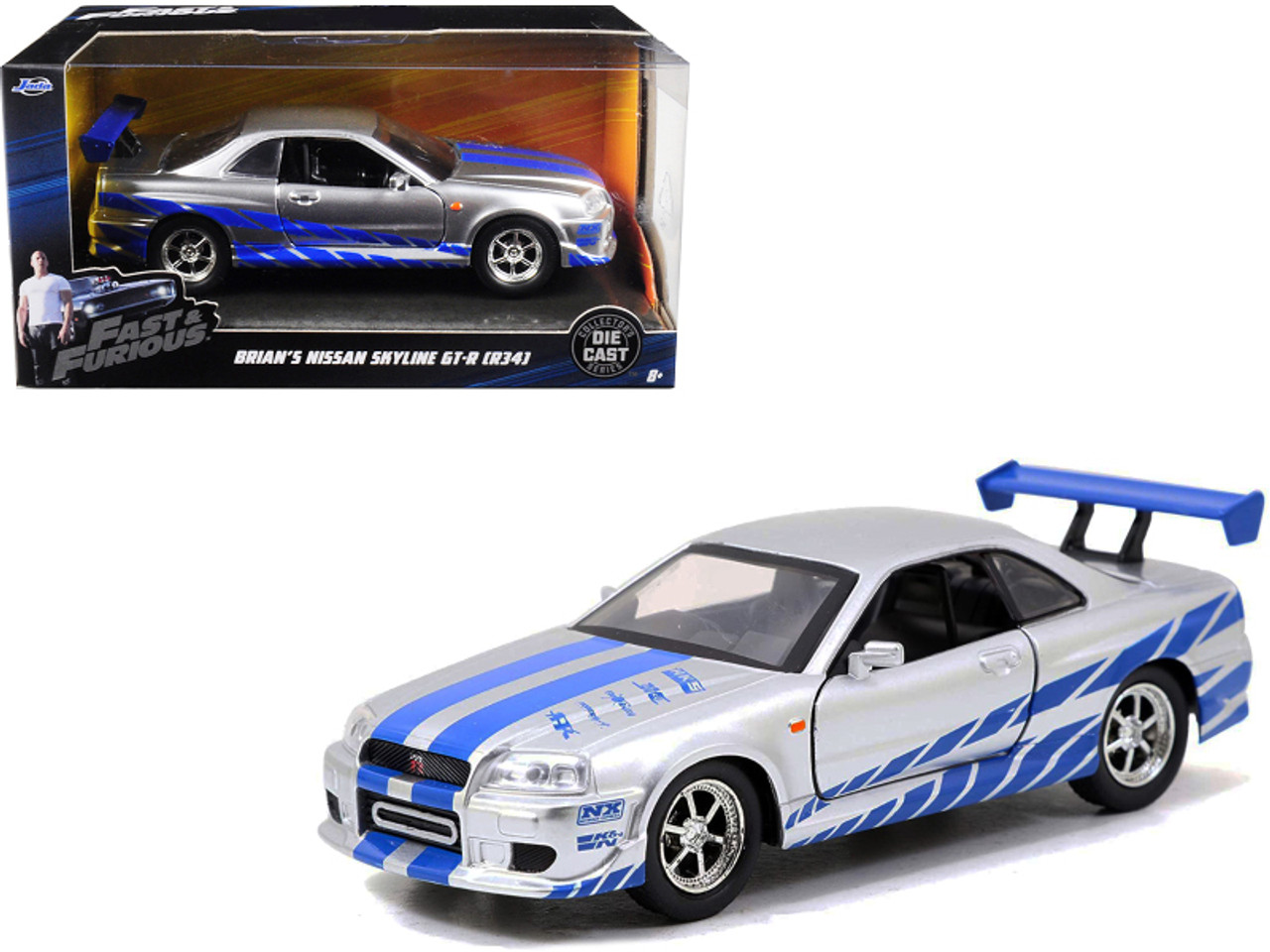 Brian's Nissan Skyline GT-R (R34) Silver with Blue Stripes "Fast & Furious" Movie 1/32 Diecast Model Car by Jada