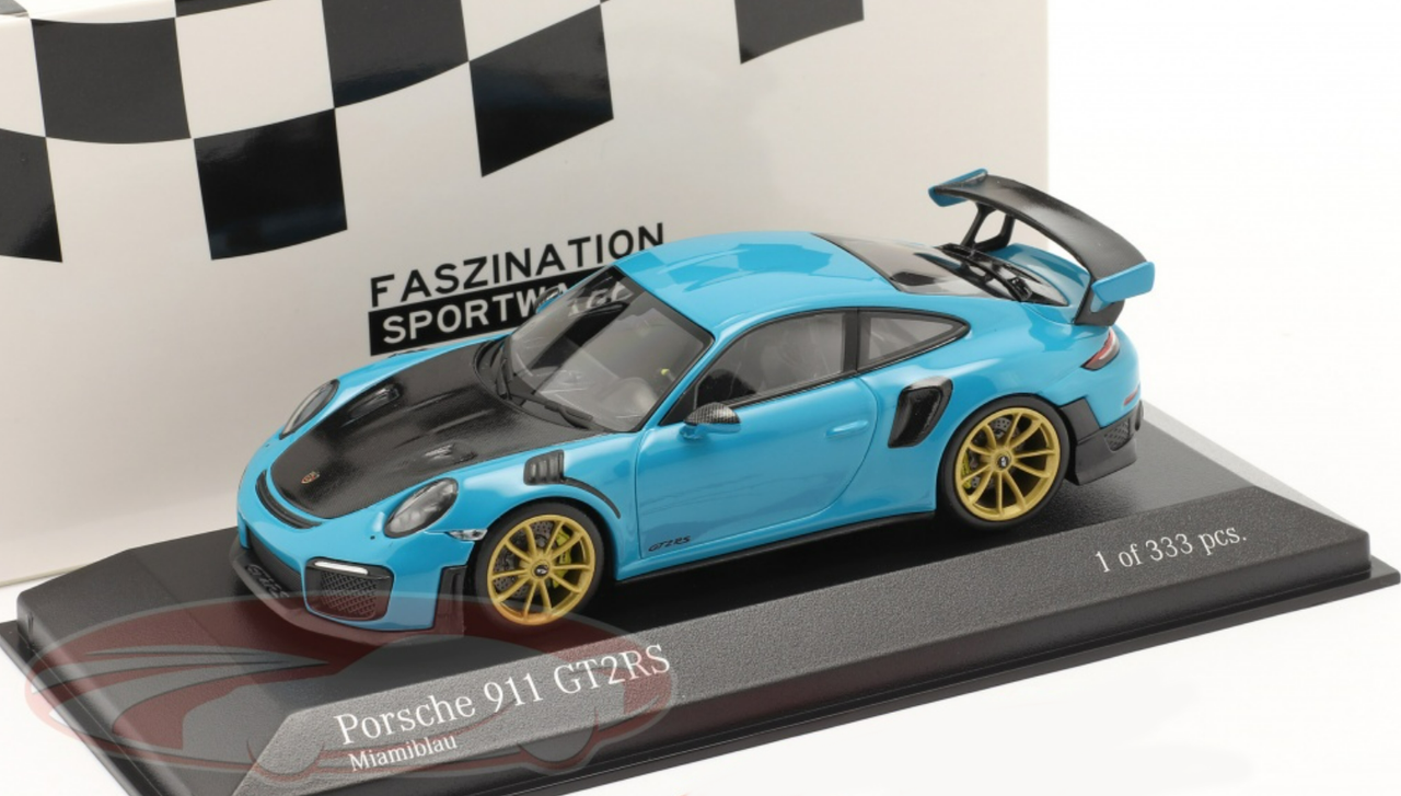 1/43 Minichamps 2018 Porsche 911 (991.2) GT2 RS (Miami Blue with Golden Wheels) Car Model Limited 333 Pieces