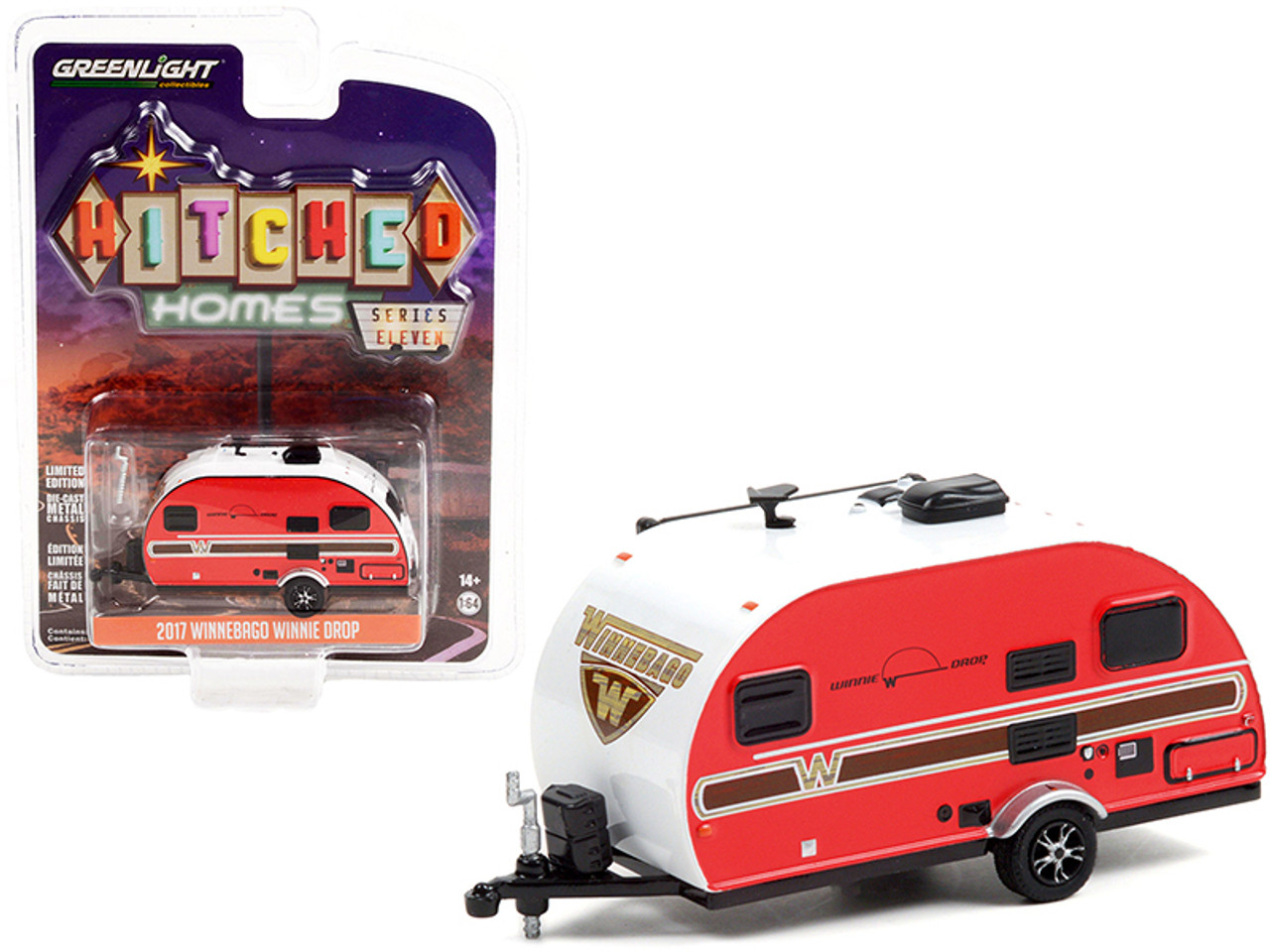 2017 Winnebago Winnie Drop Travel Trailer Red and White with Wood Grain Paneling "Hitched Homes" Series 11 1/64 Diecast Model by Greenlight
