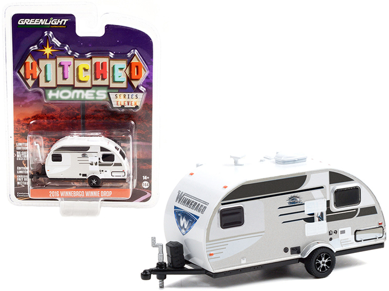 2016 Winnebago Winnie Drop Travel Trailer Platinum and White with Graphics "Hitched Homes" Series 11 1/64 Diecast Model by Greenlight