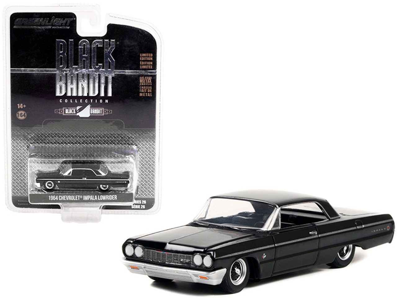 1964 Chevrolet Impala Lowrider Black with Silver Stripes Black Bandit  Series 26 1/64 Diecast Model Car by Greenlight