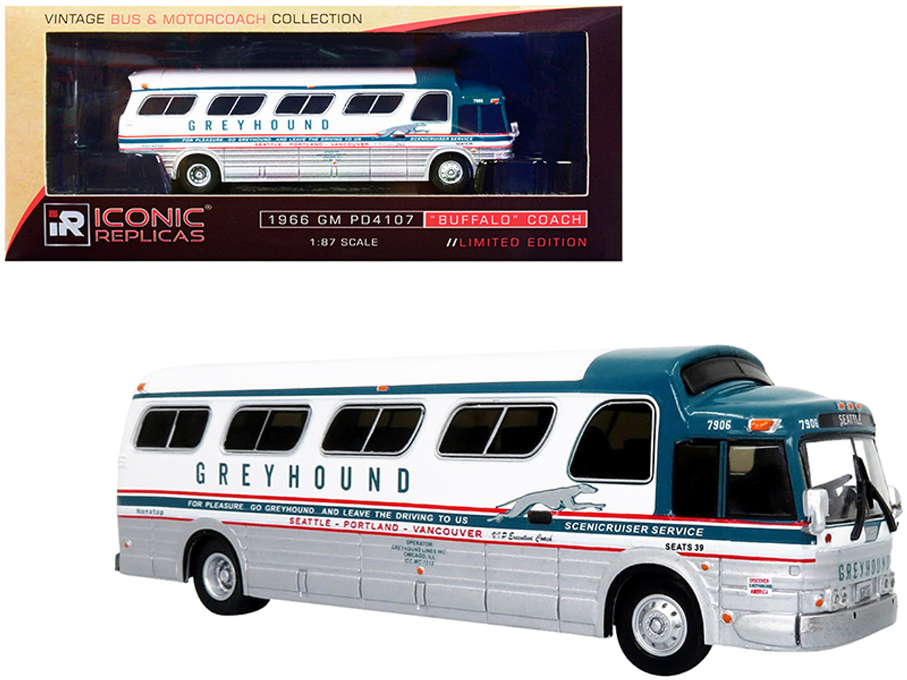 1966 GM PD4107 "Buffalo" Coach Bus "Greyhound" Destination: Seattle (Washington) "Seattle - Portland - Vancouver" "Vintage Bus & Motorcoach Collection" 1/87 Diecast Model by Iconic Replicas