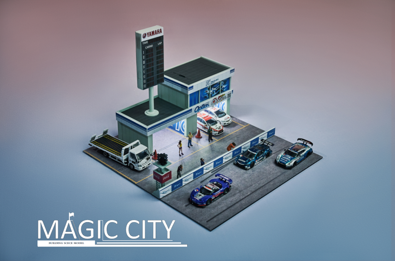 1/64 Magic City Japan Tsukuba Track Safety Car Garage Diorama with Lights (car models & figures NOT included)