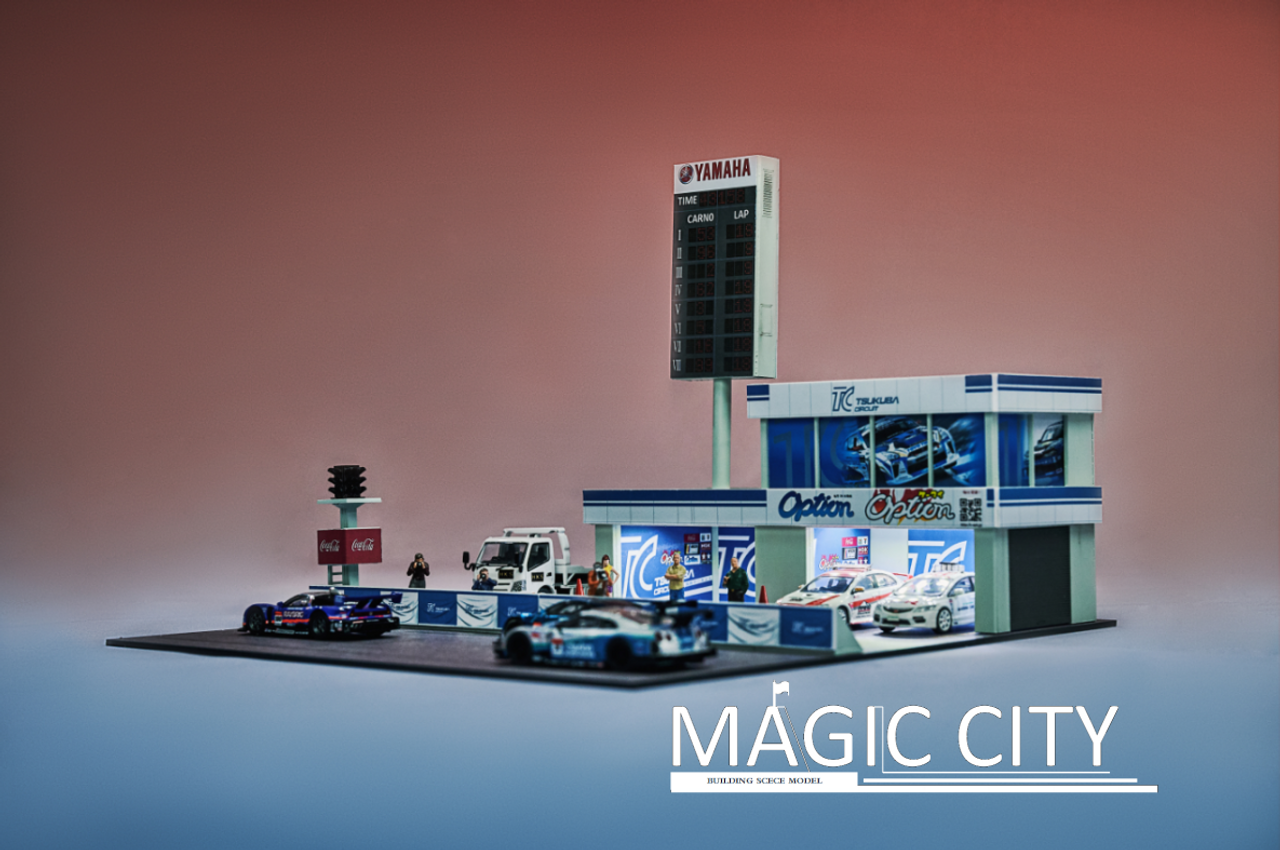 1/64 Magic City Japan Tsukuba Track Safety Car Garage Diorama with Lights (car models & figures NOT included)