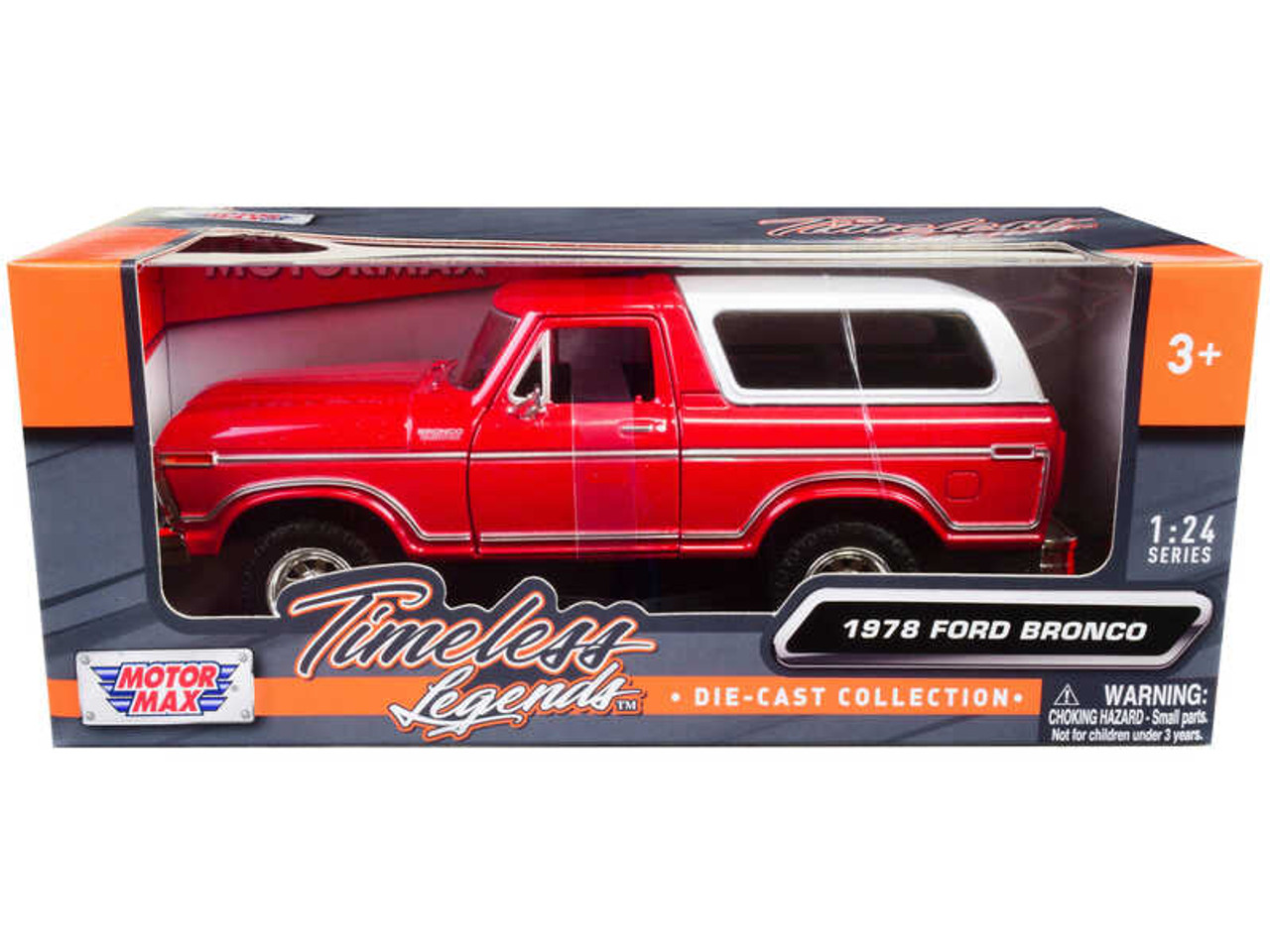 1/24 Motormax 1978 Ford Bronco Custom Red and White Diecast Car Model