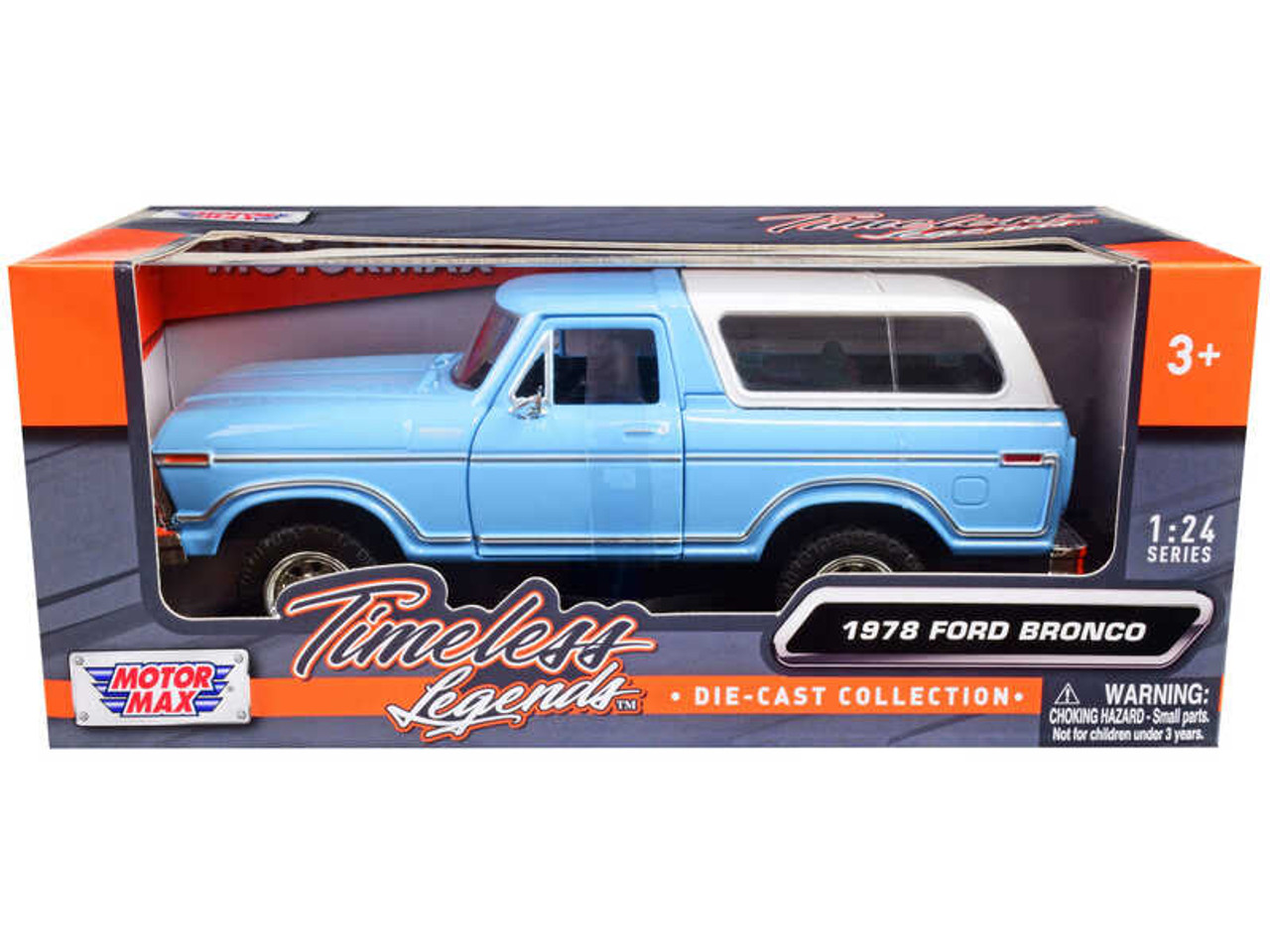 1/24 Motormax 1978 Ford Bronco Custom Light Blue and White Diecast Car Model