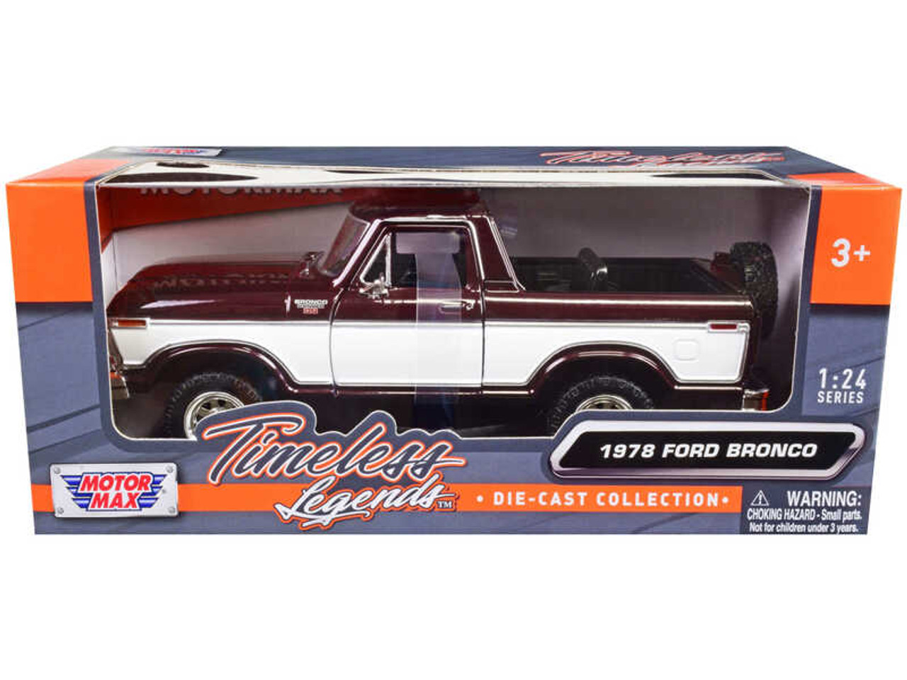 1978 Ford Bronco Ranger XLT (Open Top) with Spare Tire Burgundy Metallic and White "Timeless Legends" Series 1/24 Diecast Model Car by Motormax