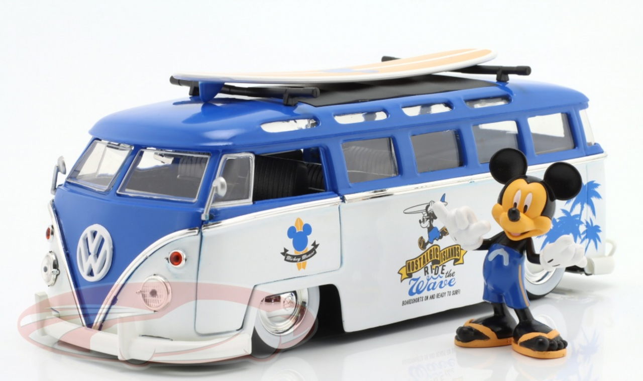 1/24 Jada Volkswagen VW T1 Bus Diecast Car Model with Mickey Mouse Figure 