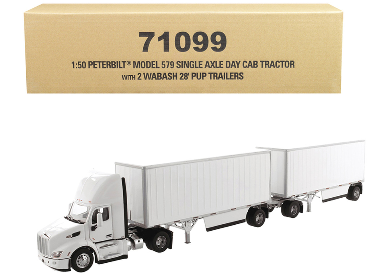 Peterbilt 579 Single Axle Day Cab with Two Wabash 28' Pup Trailers White "Transport Series" 1/50 Diecast Model by Diecast Masters