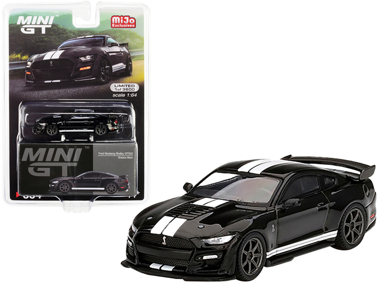 1/64 Mini GT Ford Mustang Shelby GT500 (Shadow Black with White Stripes Limited Edition Diecast Car Model