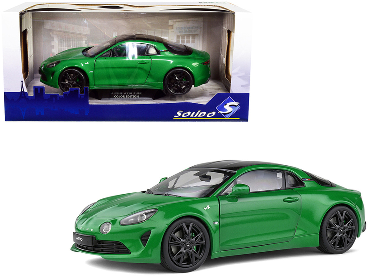 2021 Alpine A110 Pure Vert Jardin Green Metallic with Black Top 1/18 Diecast Model Car by Solido