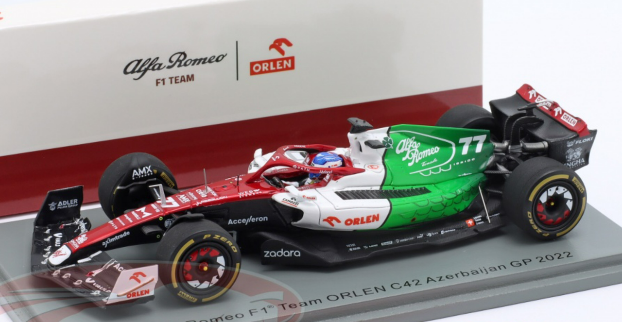 1/43 Spark 2022 Alfa Romeo F1 Team ORLEN C42 No.77 Alfa Romeo F1 Team ORLEN Azerbaijan GP 2022 Valtteri Bottas Car Model