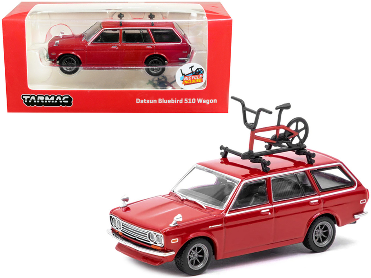 Datsun Bluebird 510 Wagon with Roof Rack Red and Bicycle 