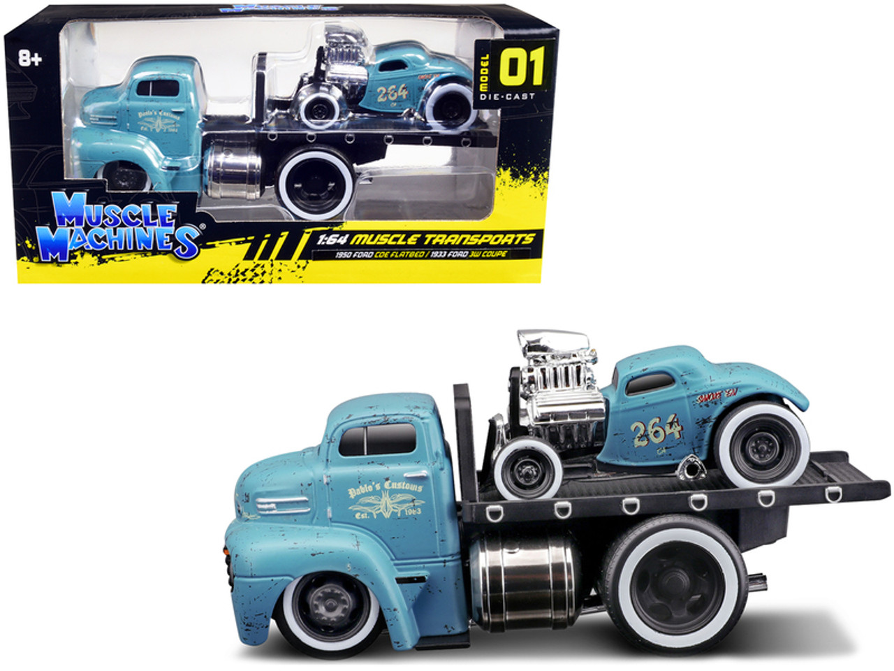 1950 Ford COE Flatbed Truck and 1933 Ford 3W Coupe #264 Matt Light Blue with Graphics (Weathered) "Pablo's Customs" "Muscle Transports" Series 1/64 Diecast Model Cars by Muscle Machines
