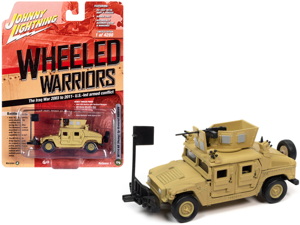 Humvee 4-CT Armored Fastback M1114 HA (Heavy) Up-Armored HMMWV Tan "The Iraq War 2003 to 2011 - U.S. - Led Armed Conflict" "Wheeled Warriors" Series Limited Edition to 4280 pieces Worldwide 1/64 Diecast Model Car by Johnny Lightning