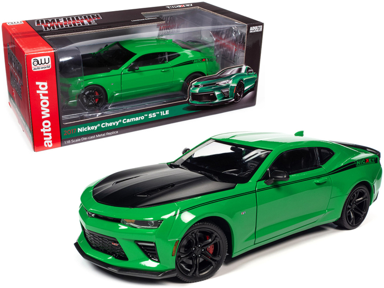 1/18 Auto World 2017 Chevrolet Nickey Camaro SS 1LE Krypton Green with Matt  Black Hood and Black Stripes Diecast Car Model