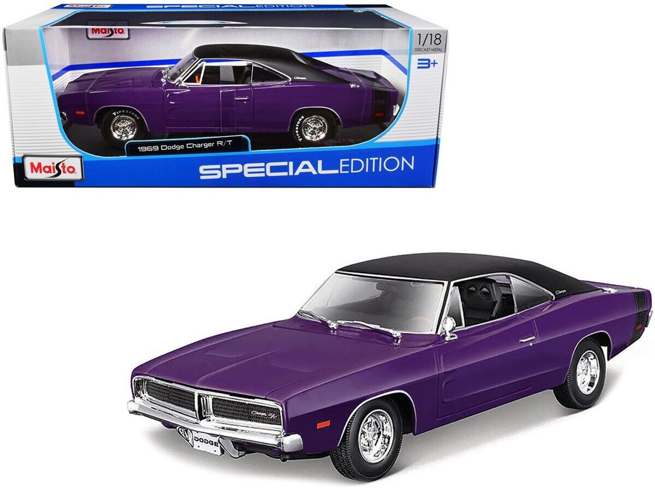 1/18 Maisto 1969 Dodge Charger R/T (Purple with Matt Black Top and Black Tail Stripe) Diecast Car Model