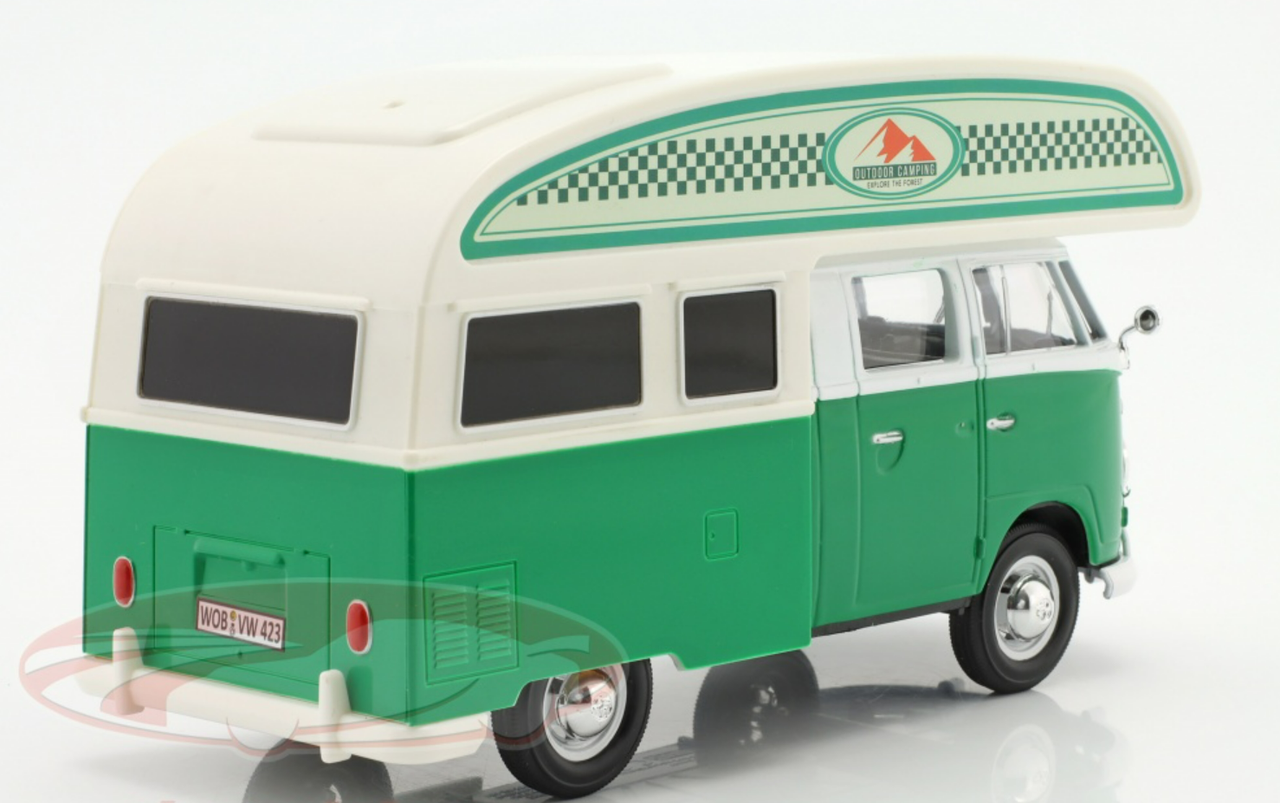 Volkswagen Type 2 (T1) Camper Van Green and White "Outdoor Camping Explore the Forest" 1/24 Diecast Model Car by Motormax