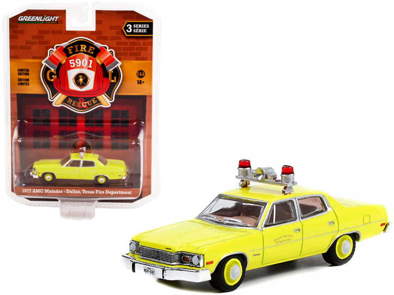 1977 AMC Matador Yellow "Dallas Fire Department" (Texas) "Fire & Rescue" Series 3 1/64 Diecast Model Car by Greenlight