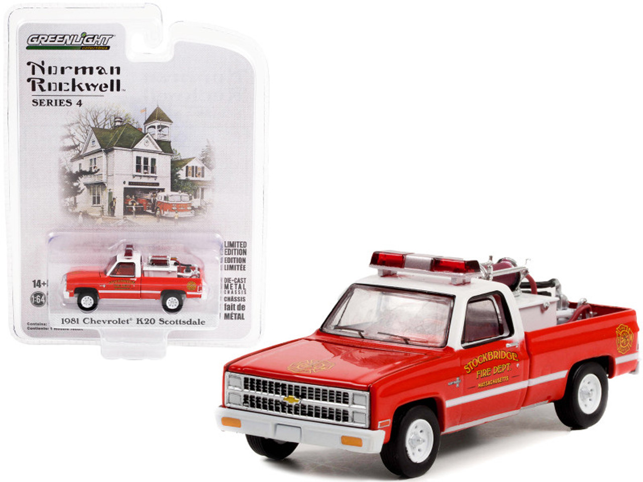 1981 Chevrolet K20 Scottsdale Pickup Truck Red and White "Stockbridge Fire Department Massachusetts" with Fire Equipment Hose and Tank "Norman Rockwell" Series 4 1/64 Diecast Model Car by Greenlight