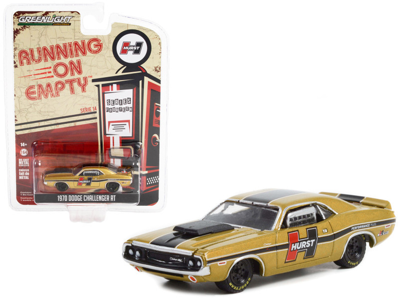 1970 Dodge Challenger R/T Gold Metallic with Stripes "Hurst Performance Plus" "Running on Empty" Series 14 1/64 Diecast Model Car by Greenlight