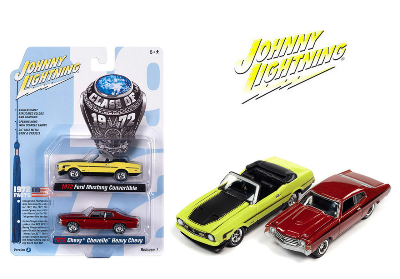 1/64 Johnny Lightning 2-Car Pack 1972 Ford Mustang Convertible & 1972 Chevrolet Chevelle Diecast Car Model