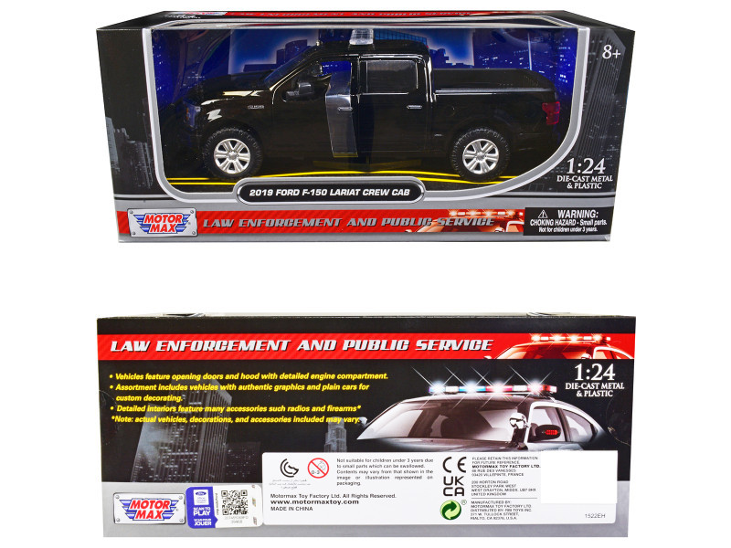 1/24 Motormax 2019 Ford F-150 Lariat Crew Cab Pickup Truck Unmarked Plain Black "Law Enforcement and Public Service" Series Diecast Car Model
