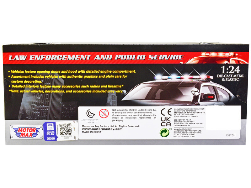 1/24 Motormax 2018 Ford Mustang GT Police Car Unmarked Plain White "Law Enforcement and Public Service" Series Diecast Car Model