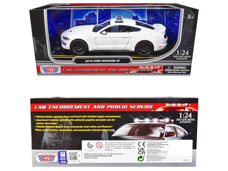 1/24 Motormax 2018 Ford Mustang GT Police Car Unmarked Plain White "Law Enforcement and Public Service" Series Diecast Car Model