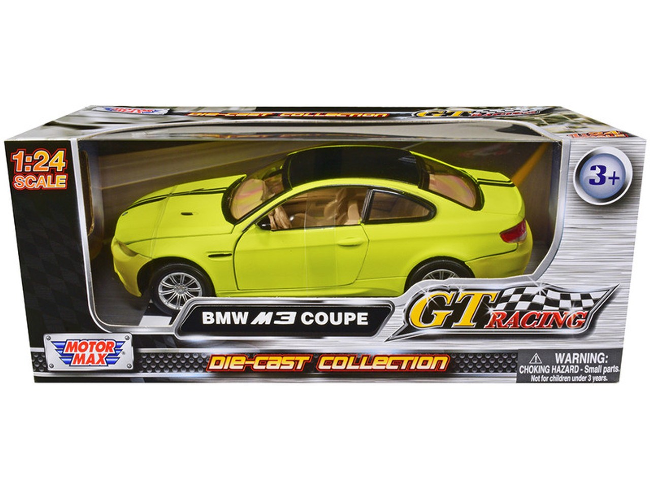 BMW M3 Coupe Neon Yellow with Matt Black Top and Stripes "GT Racing" Series 1/24 Diecast Model Car by Motormax
