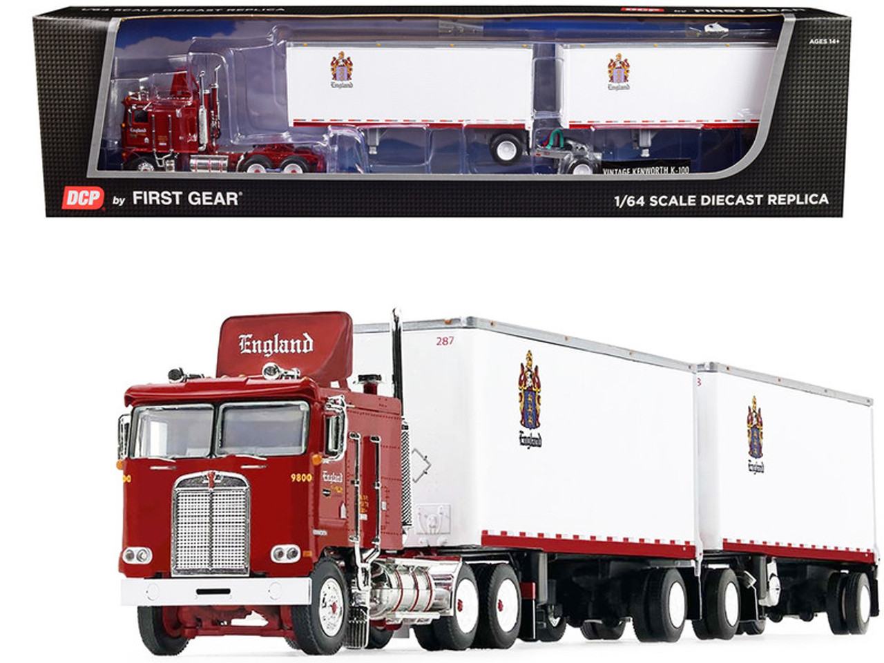 Kenworth K100 COE Flat Top Sleeper Cab with Wabash 28' Dual Pup Dry Goods Trailers Red and White "CR England" 1/64 Diecast Model by DCP/First Gear
