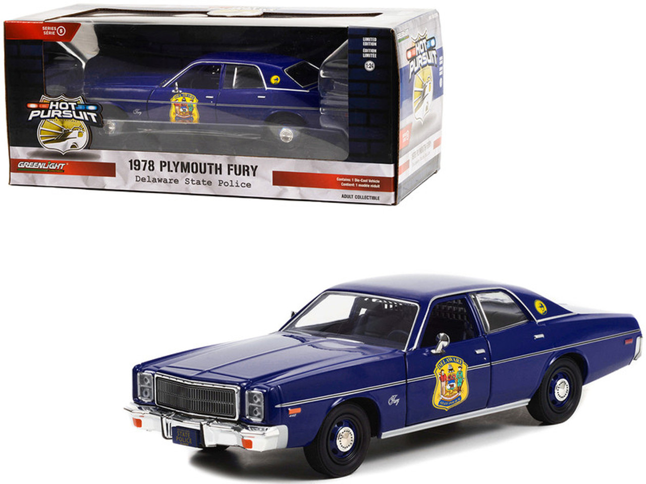 1978 Plymouth Fury Dark Blue with Stripes "Delaware State Police" "Hot Pursuit" Series 1/24 Diecast Model Car by Greenlight