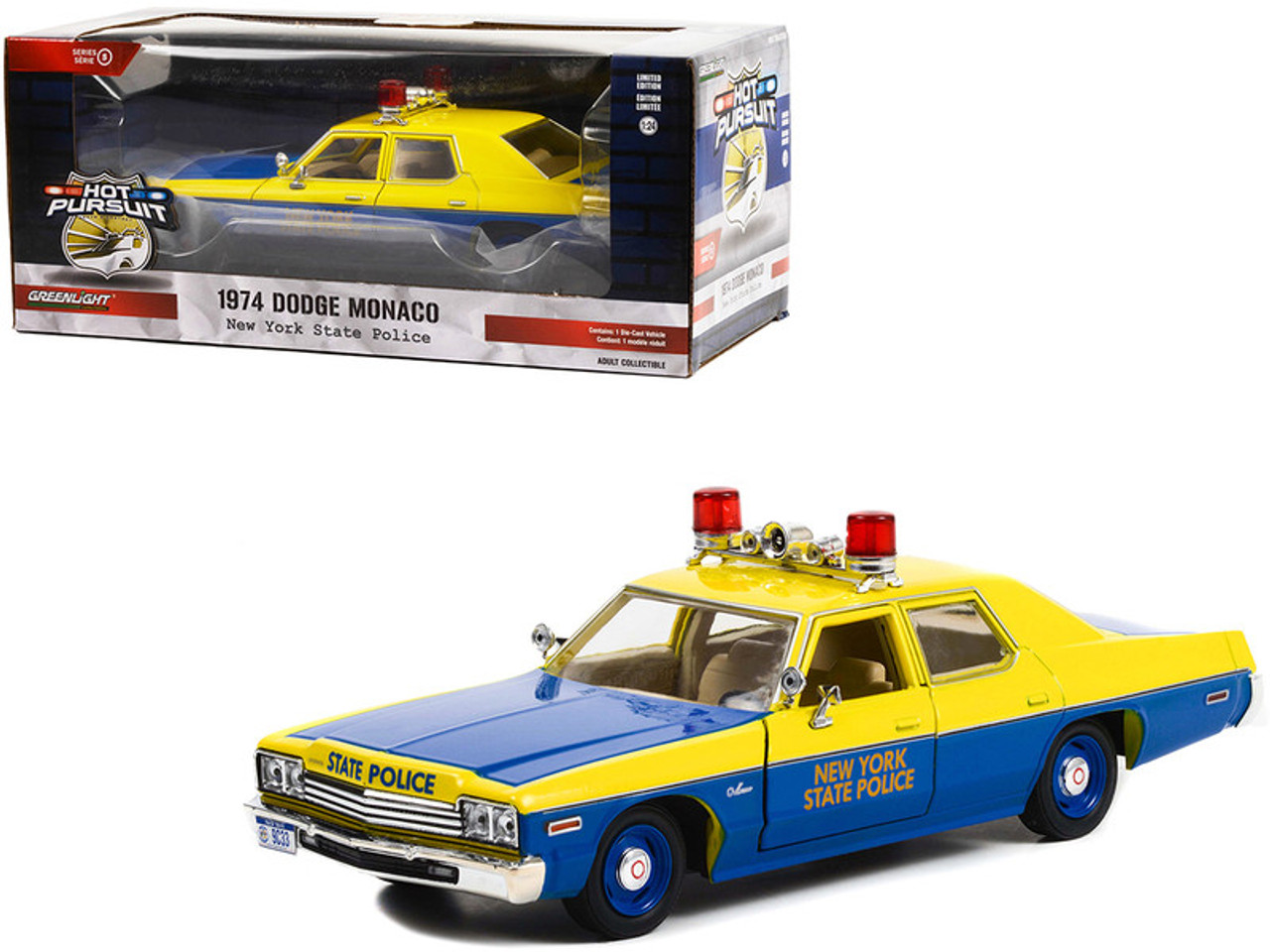1974 Dodge Monaco Blue and Yellow "New York State Police" "Hot Pursuit" Series 1/24 Diecast Model Car by Greenlight