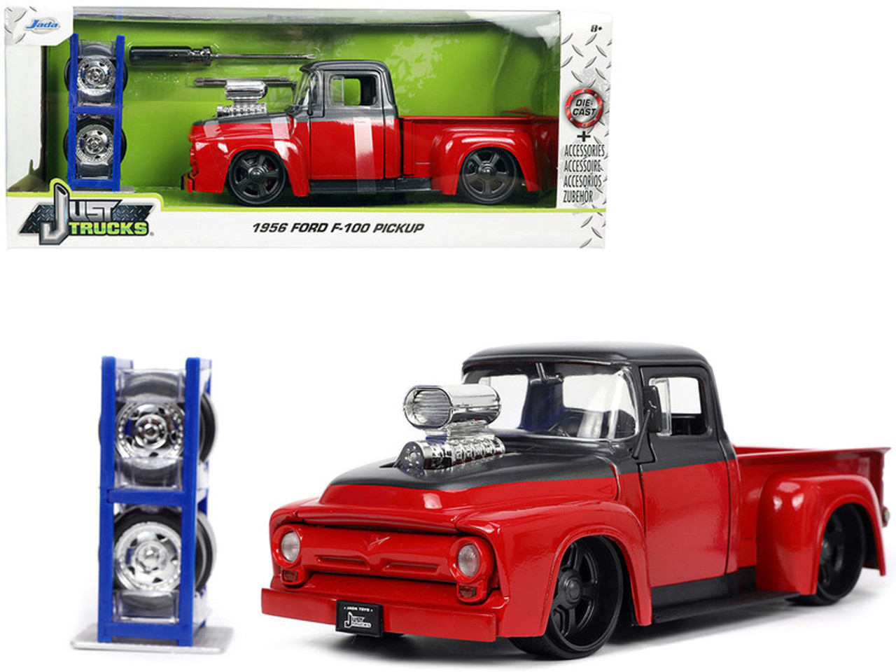 1/24 Jada 1956 Ford F-100 Pickup Truck (Red and Dark Gray Metallic with Extra Wheels) "Just Trucks" Series Diecast Car Model