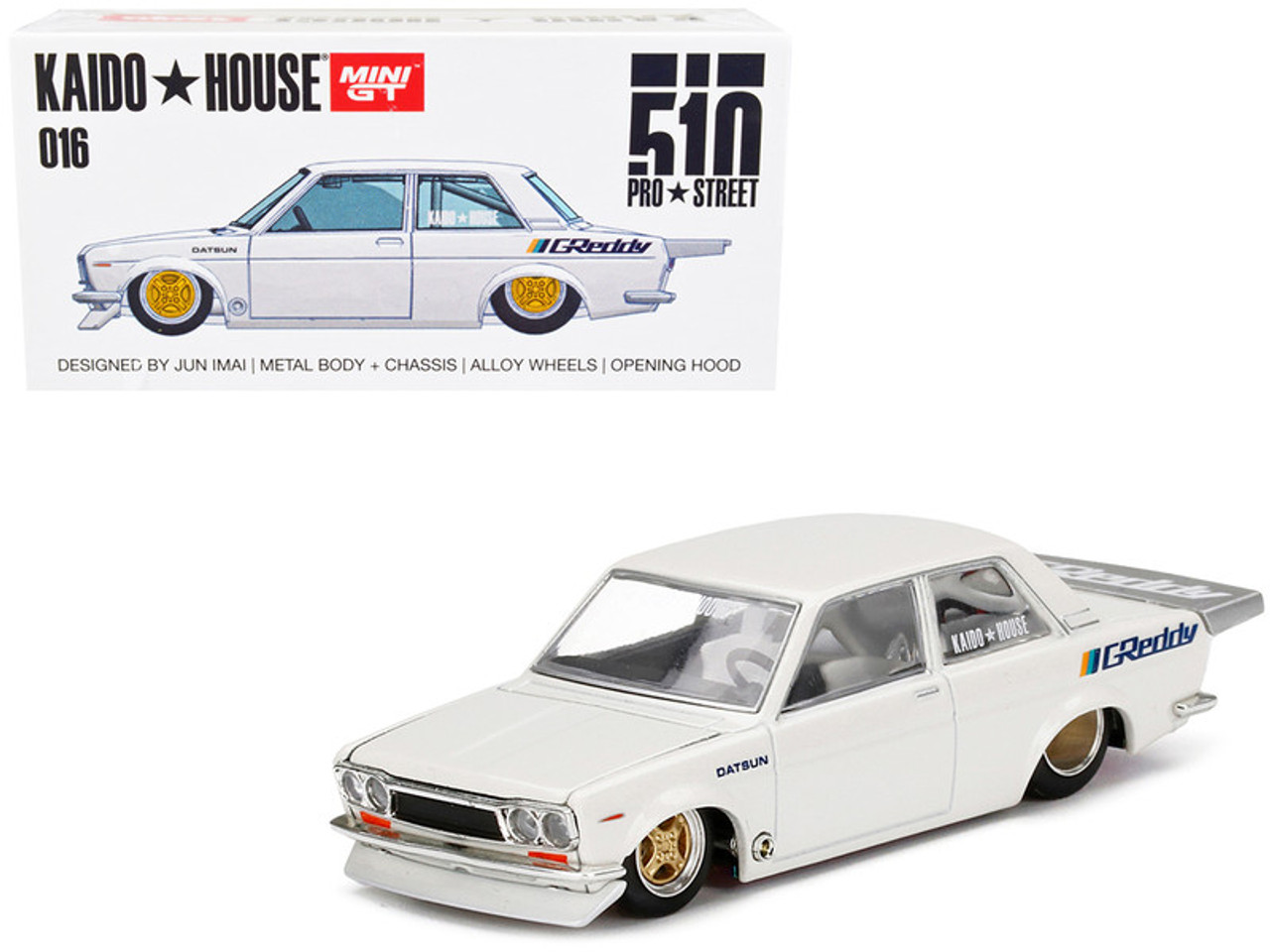 Datsun 510 Pro Street Pearl White "GREDDY" (Designed by Jun Imai) "Kaido House" Special 1/64 Diecast Model Car by True Scale Miniatures