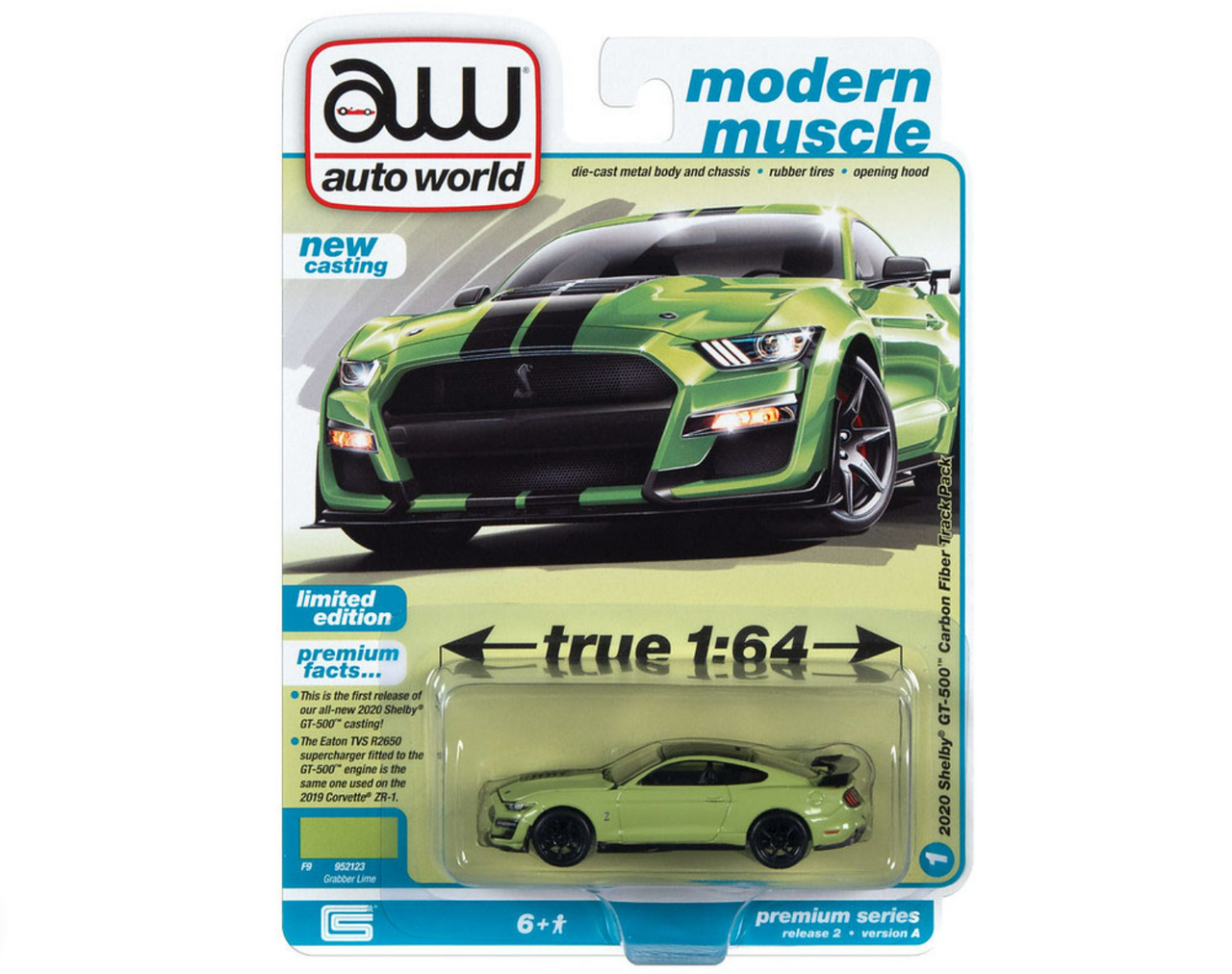 1/64 Auto World Premium 2020 Ford Mustang Shelby GT500 Grabber Green Diecast Car Model
