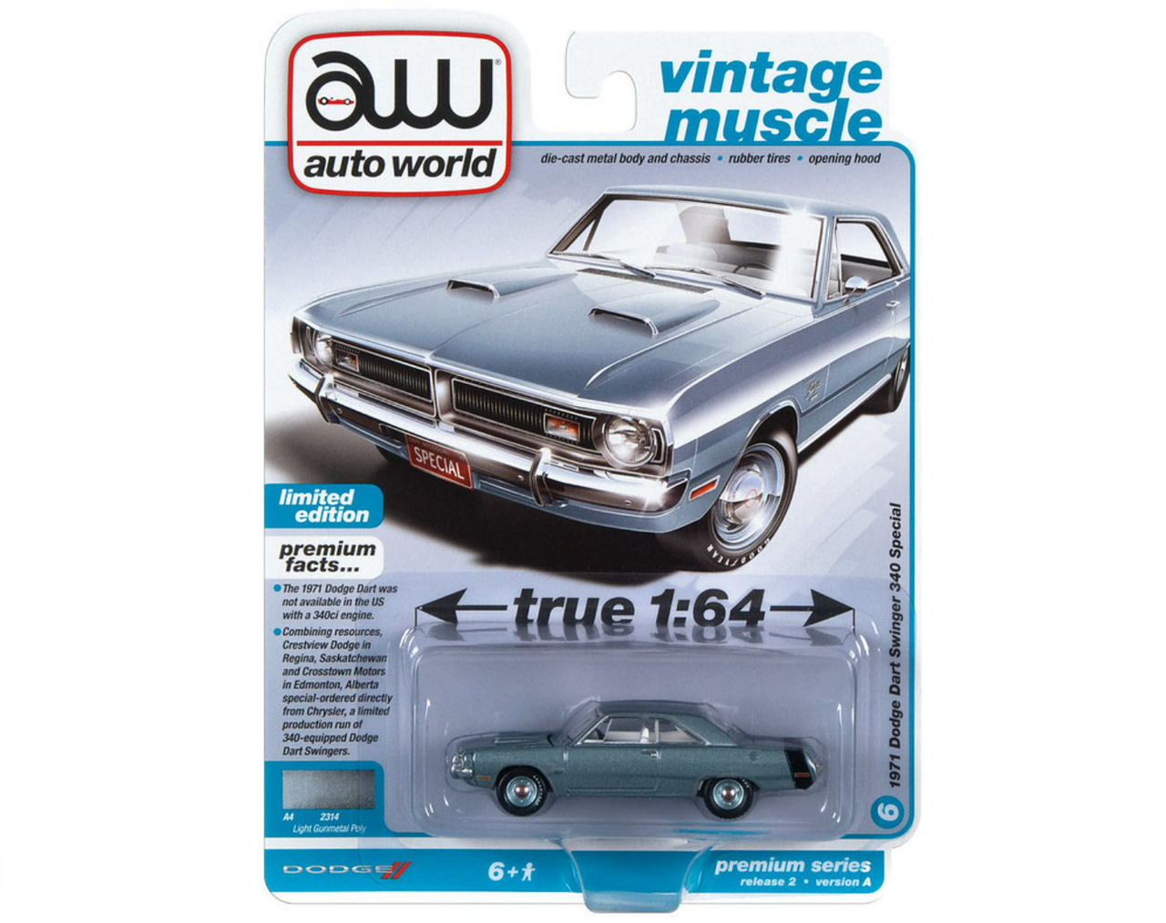 1/64 Auto World Premium 1971 Dodge Dart Swinger 340 Special Gunmetal Poly Diecast Car Model photo pic